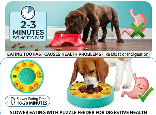 Dog eating from a red bowl with text about eating too fast causing health problems and a puzzle feeder for slower eating.
