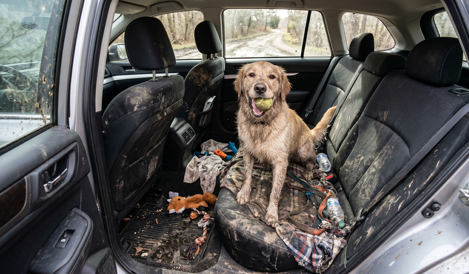 dog sitting in the backseat of a very dirty car