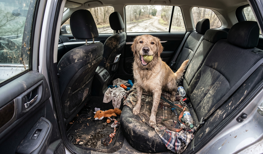 dog sitting in the backseat of a very dirty car