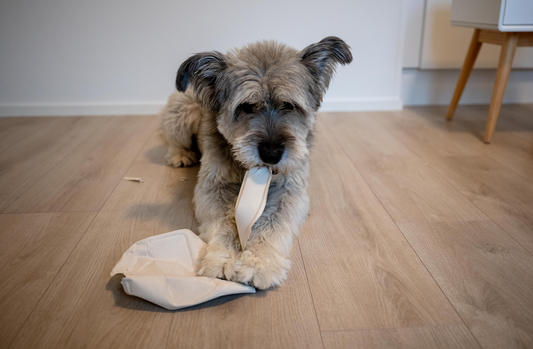 dog chewing on a napkin in the house