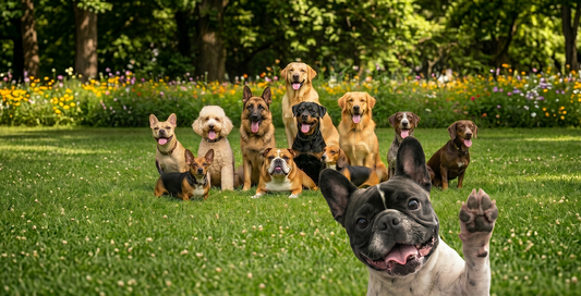 all kind of dog breeds sitting on a grass field