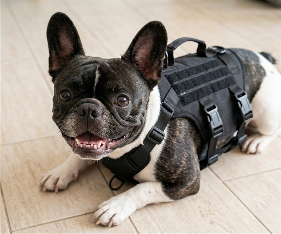 French bull dog with a black harness