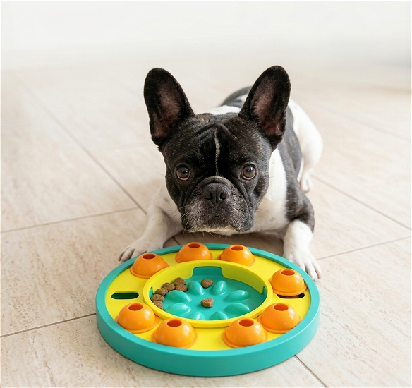 French bull dog playing with a slow puzzle feeder