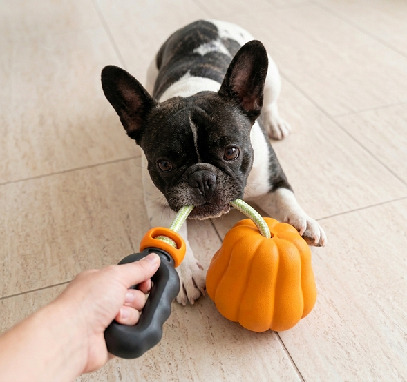 French bull dog playing with a rope tug toy
