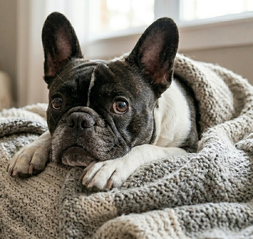 French bull dog laying on a bed with blanket