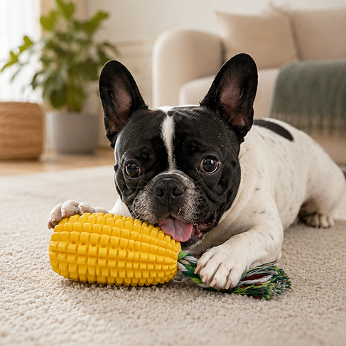 Dog playing with a yellow corn-shaped toy on a carpeted floor.
