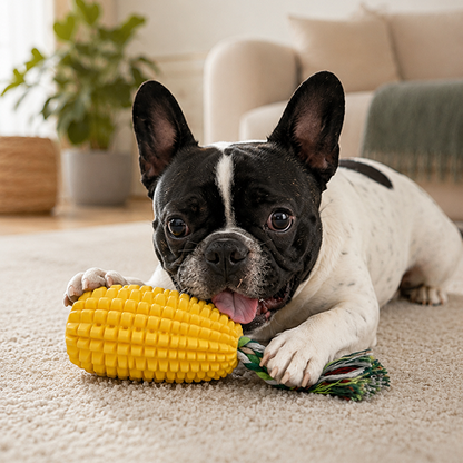 Dog playing with a yellow corn-shaped toy on a carpeted floor.