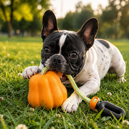 Dog playing with a pumpkin toy on grass