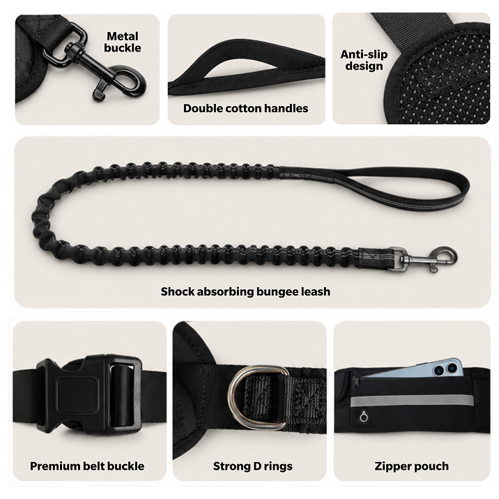 Hands-Free Dog Running Leash — Bungee Leash + Reflective Waist Bag