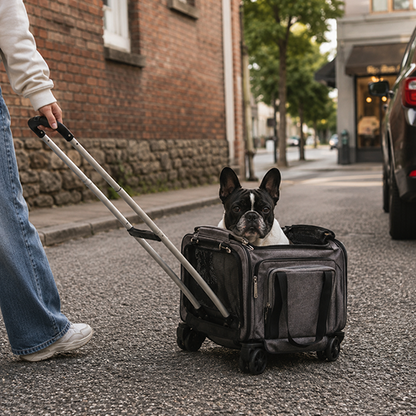 Dog in a suitcase being pulled by a person on a city street