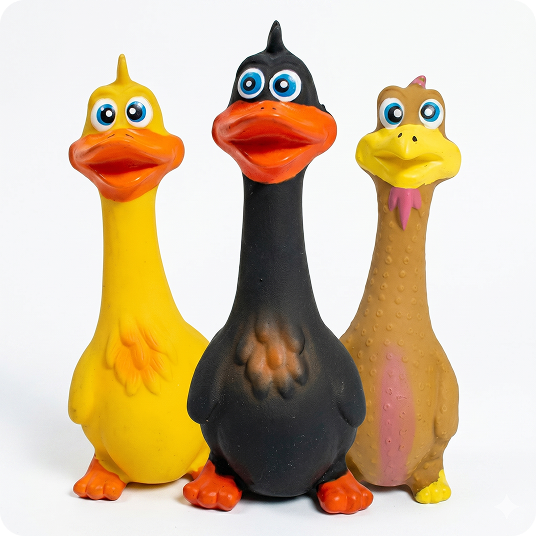 Three colorful duck dog toys on a white background