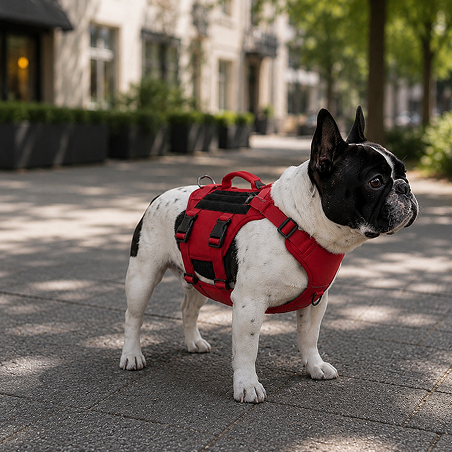 Small dog wearing a red harness on a sidewalk