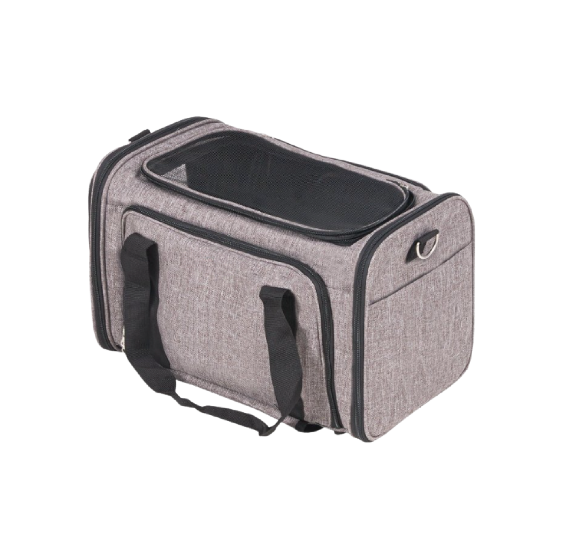 Gray pet carrier with black interior on a white background
