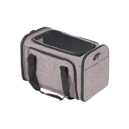 Gray pet carrier with black interior on a white background