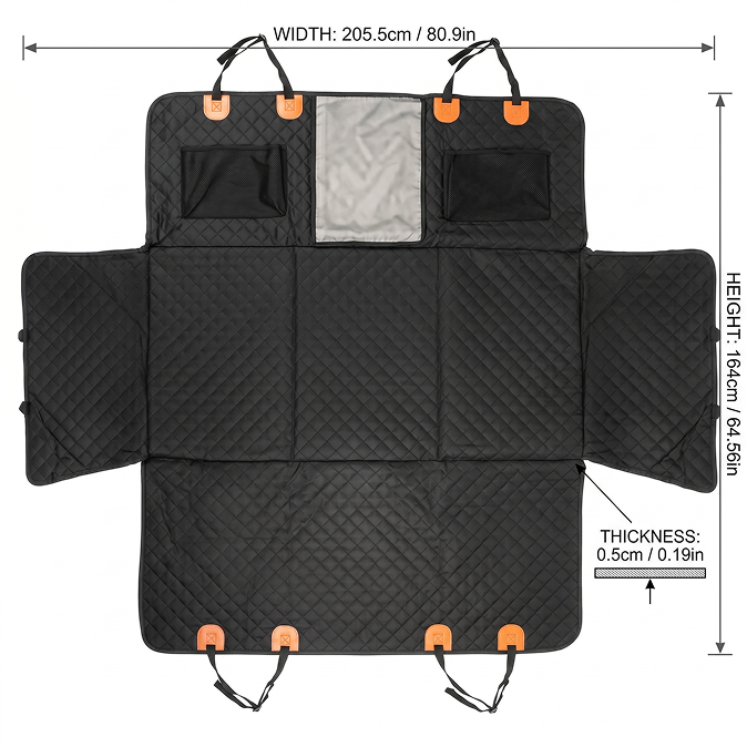 Black car seat cover with measurements on a white background
