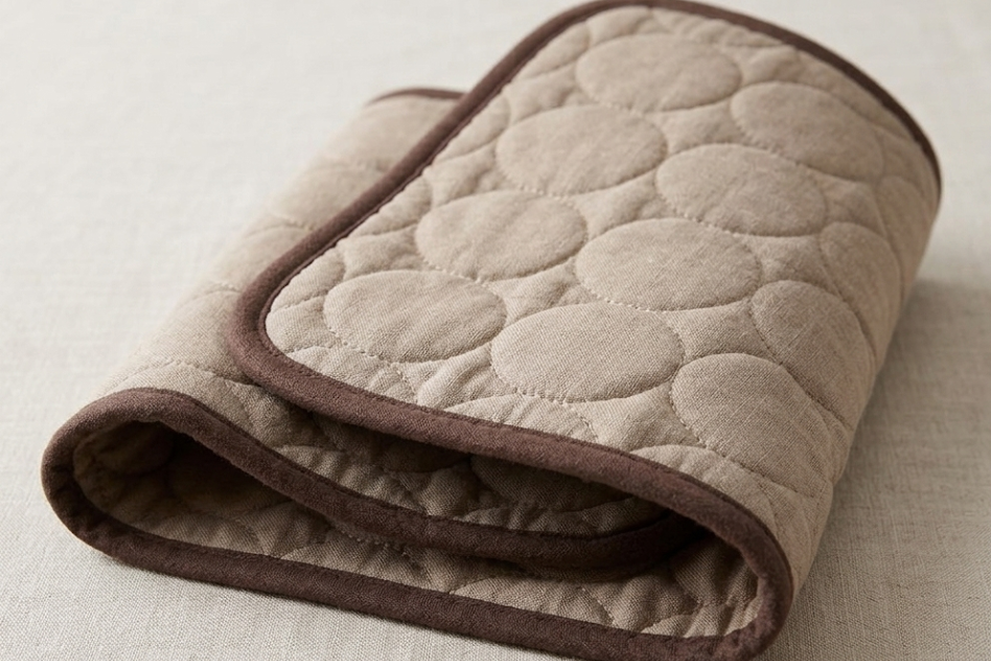 Folded dog cooling mat with brown border on a light background
