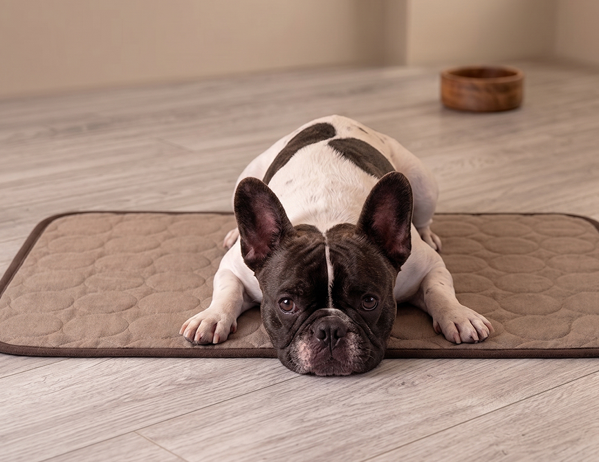 Dog lying on a quilted heat relief mat on a wooden floor