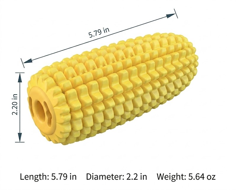 Yellow corn-shaped object with measurements on a white background