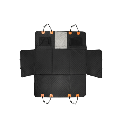Black dog car seat cover with orange hooks on a white background