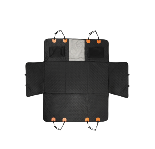 Black dog car seat cover with orange hooks on a white background