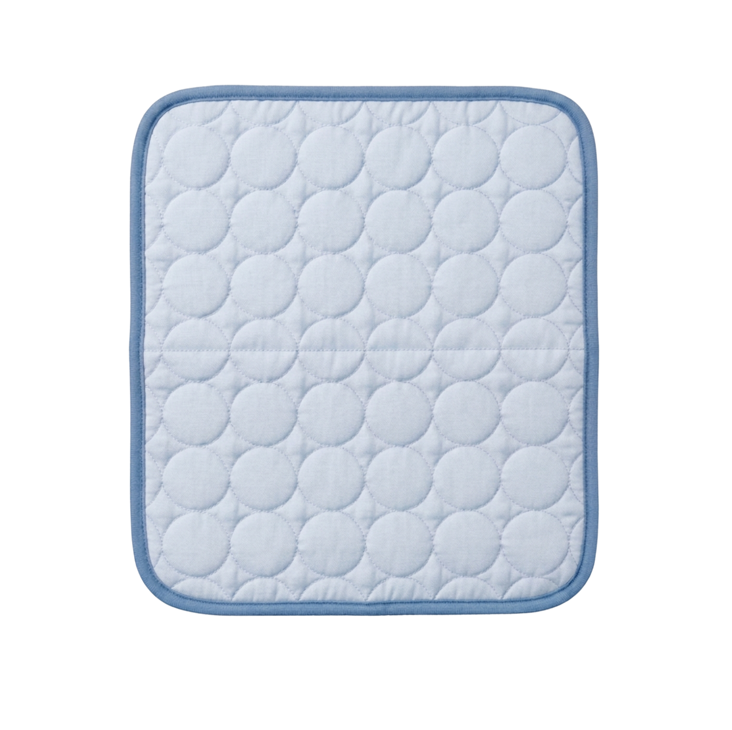 Quilted square dog cooling pad with blue border on a white background