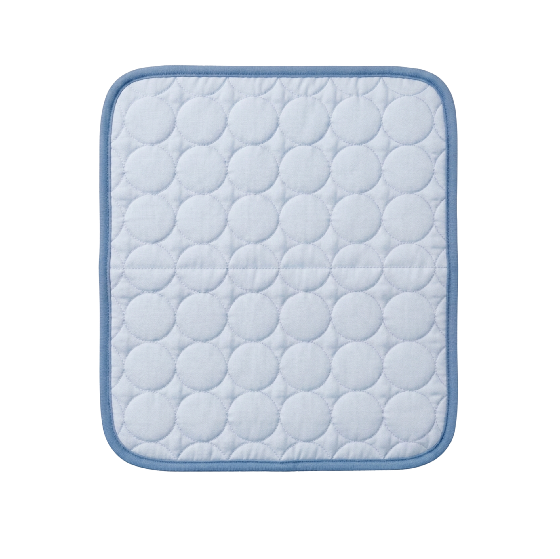 Quilted square dog cooling pad with blue border on a white background
