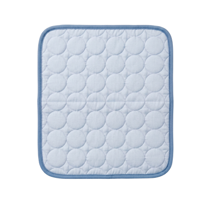 Quilted square dog cooling pad with blue border on a white background