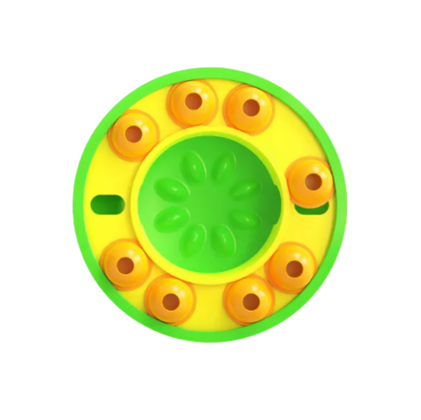 Round yellow and green dog slow puzzle feeder with a central circular design on a white background