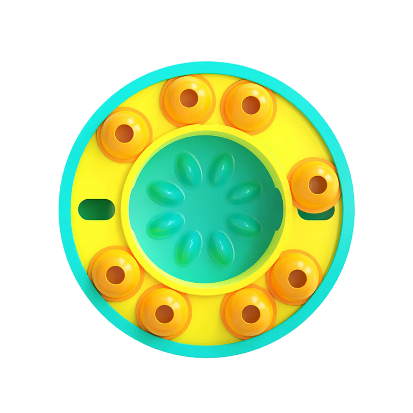Colorful circular dog slow puzzle feeder with yellow and blue accents on a white background
