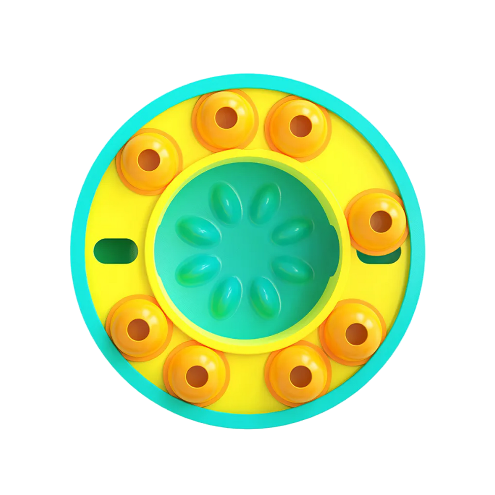 Colorful circular dog slow puzzle feeder with yellow and blue accents on a white background