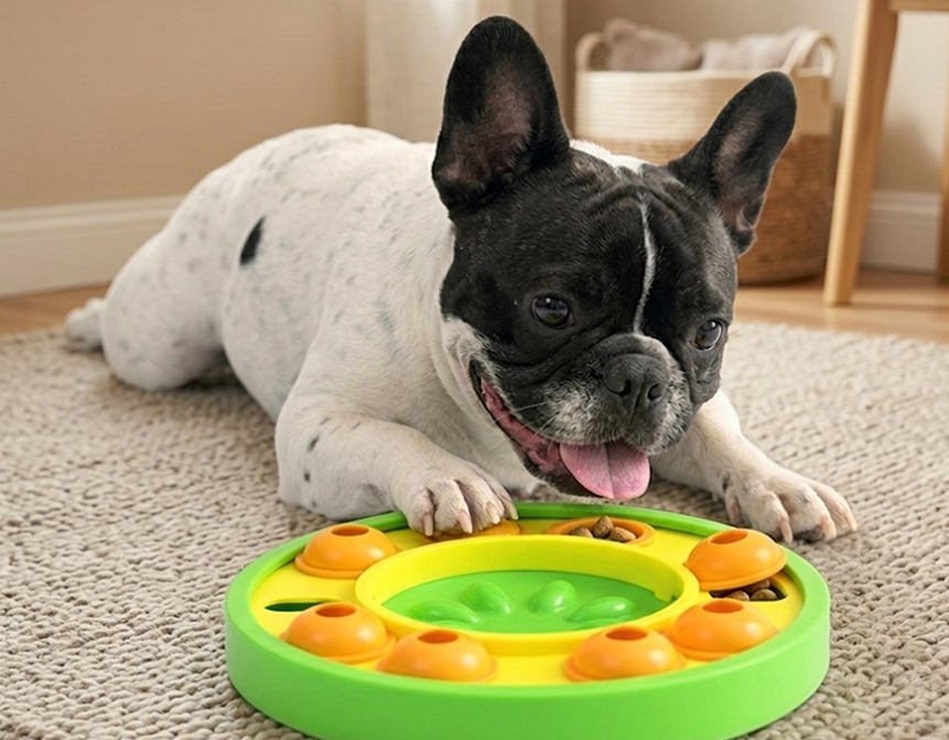 Dog playing with a green and yellow dog slow puzzle feeder on a carpeted floor.