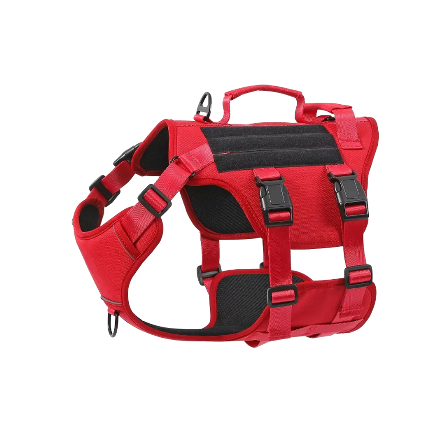 Red dog harness with black accents on a white background