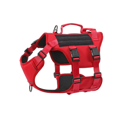 Red dog harness with black accents on a white background