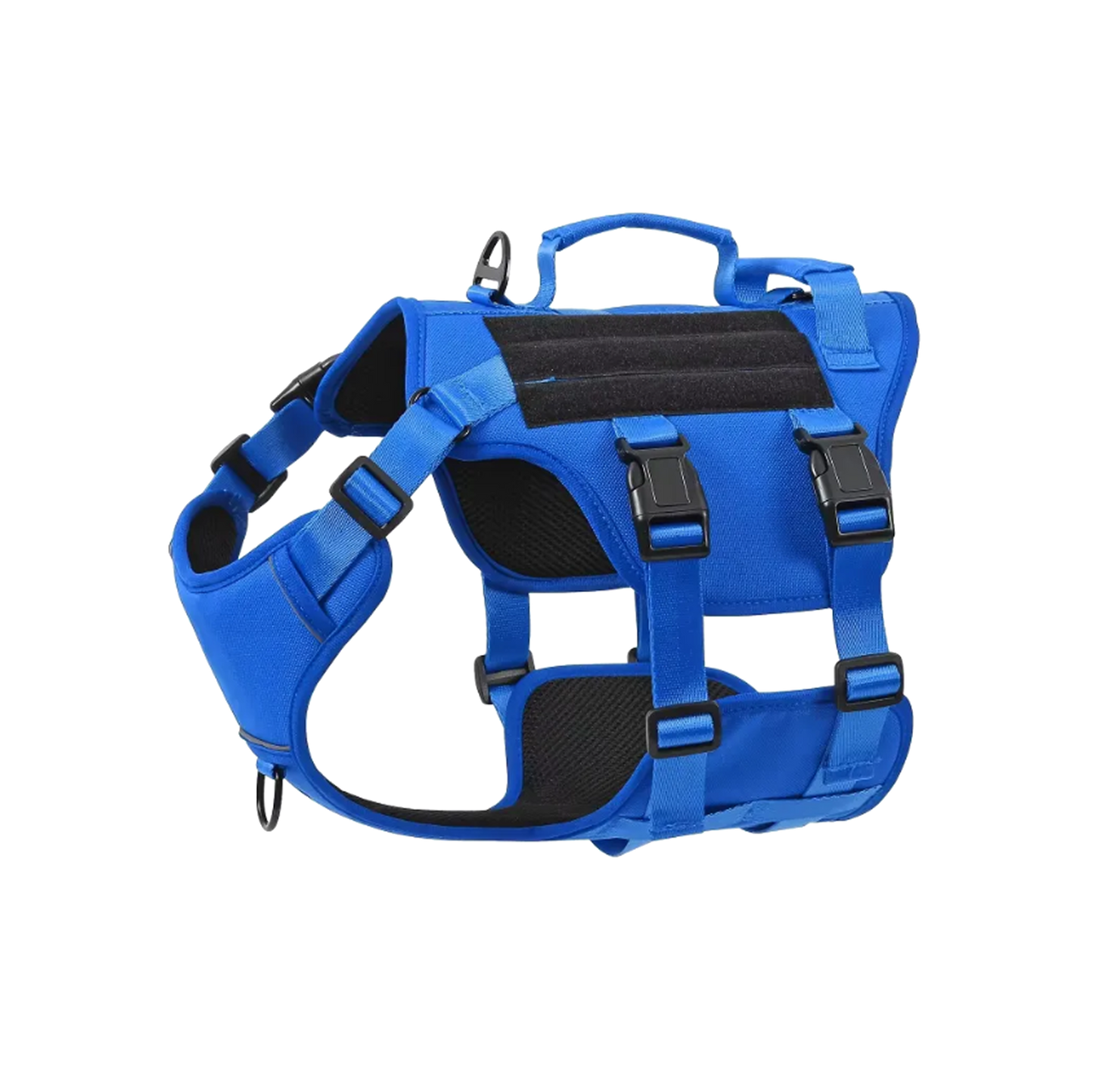 Blue dog harness with black padding on a white background