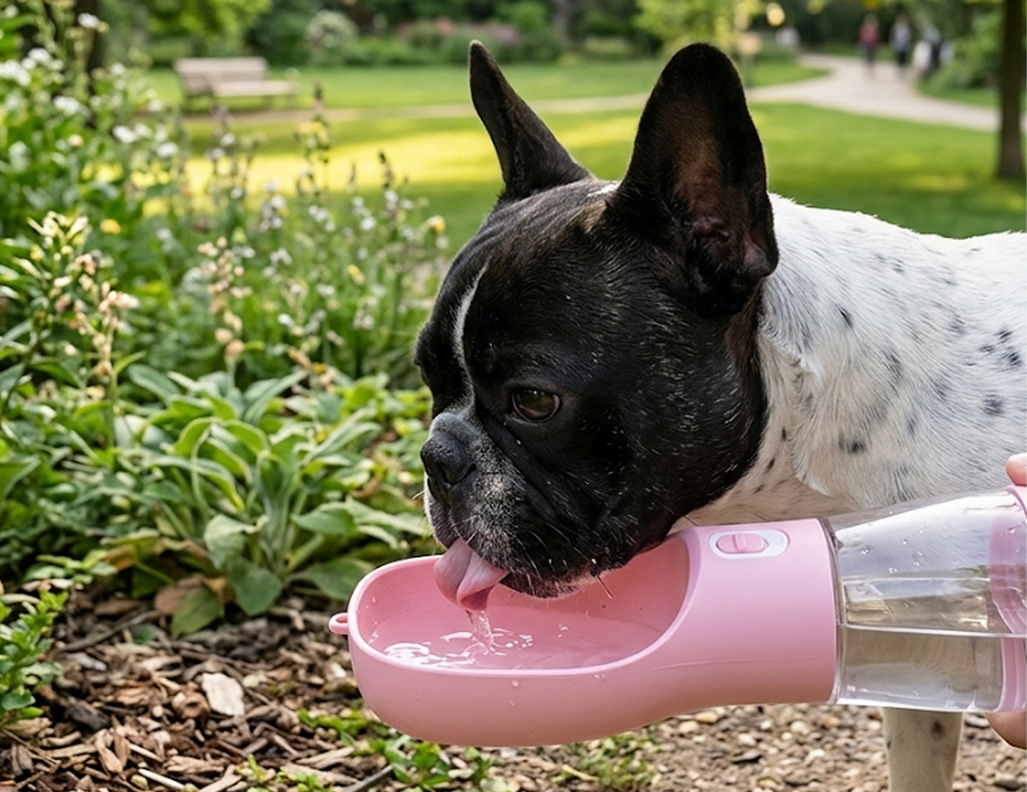 Dog drinking from a pink portable water bottle in a garden setting