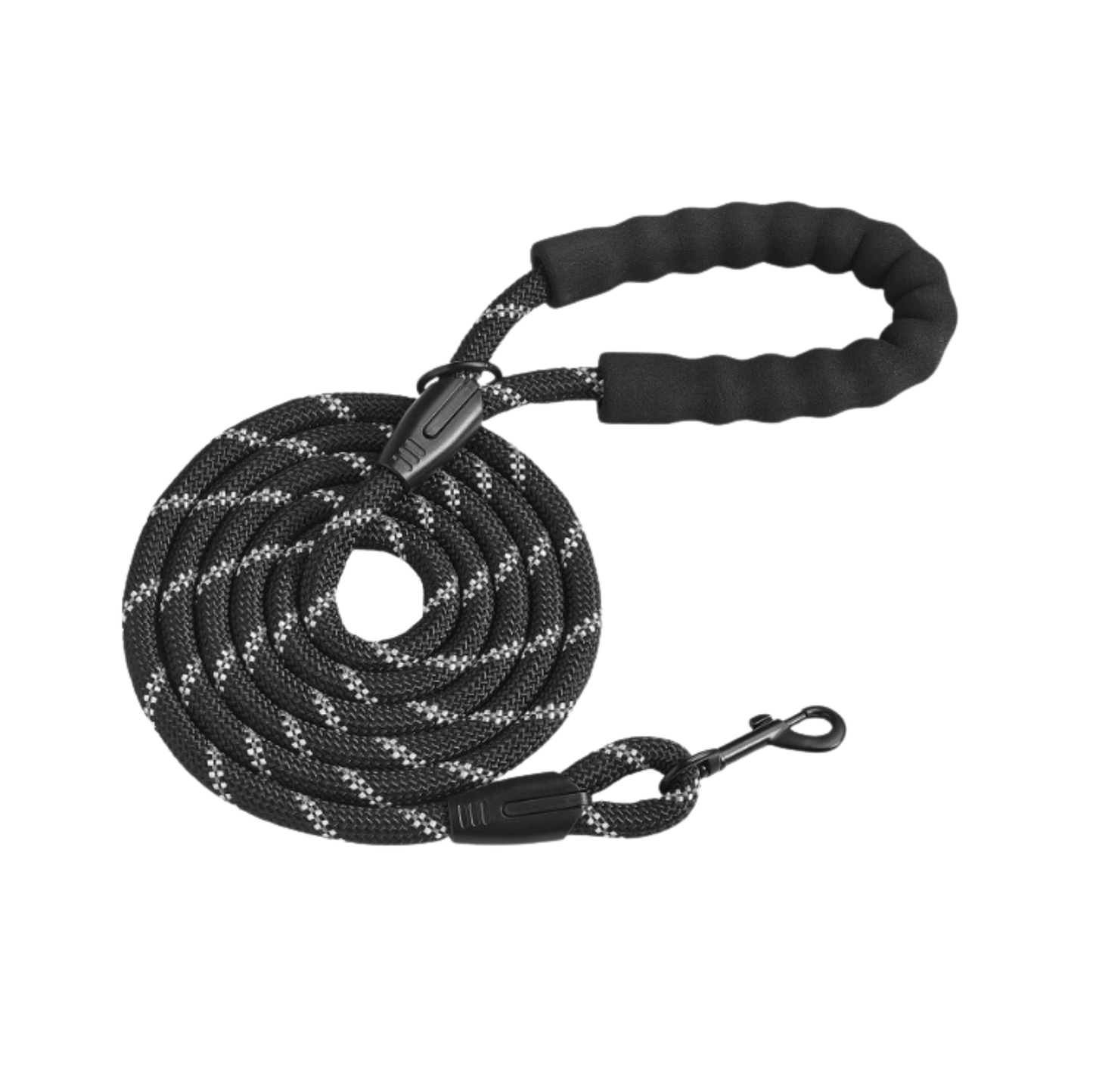 Black and gray braided dog leash on a white background
