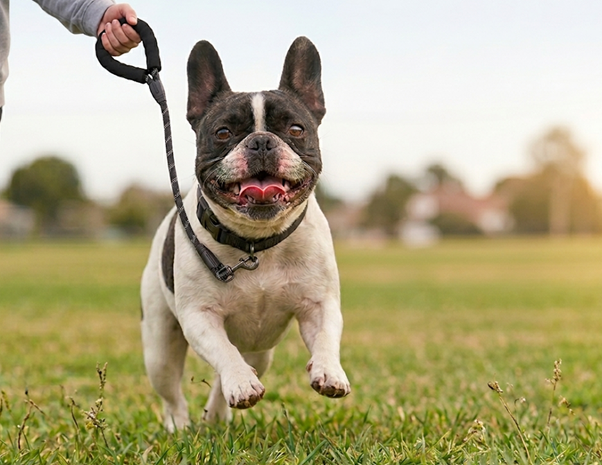 French Bulldog running on grass with a leash held by a person