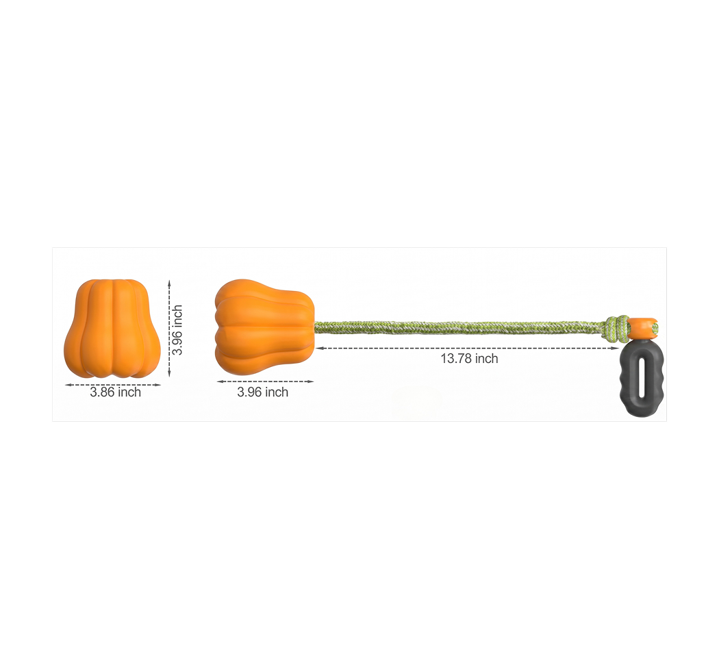 Measurement chart of a dog toy with dimensions labeled on a white background