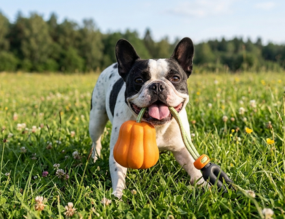Dog playing with a toy in a grassy field