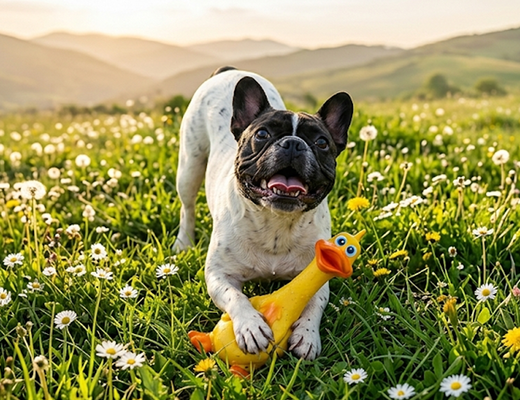 Dog playing with a toy duck in a field of flowers