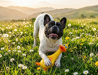 Dog playing with a toy duck in a field of flowers