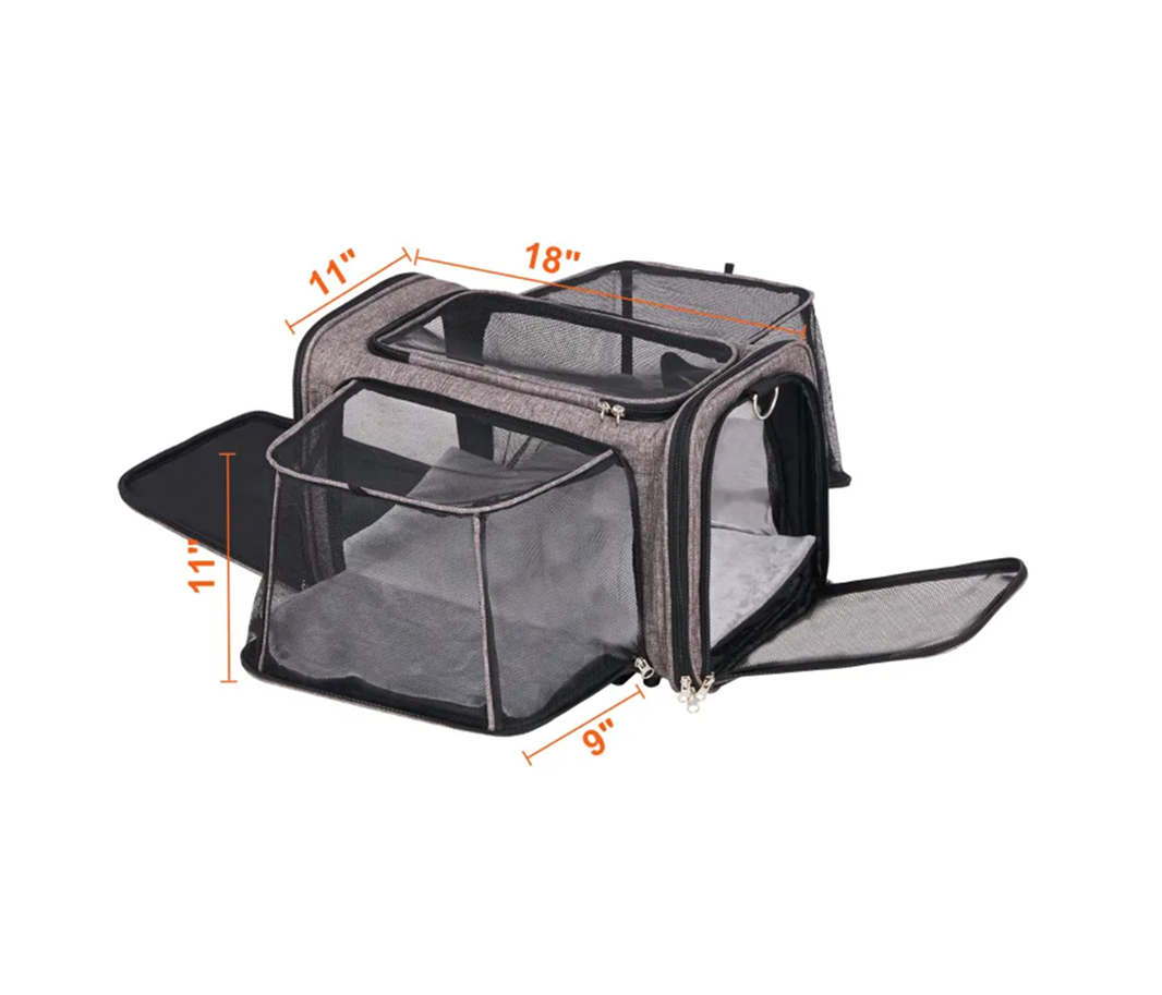 Pet carrier with dimensions indicated on a white background