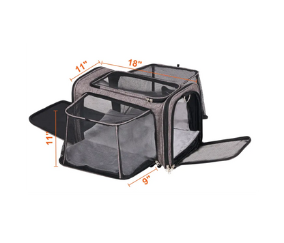 Pet carrier with dimensions indicated on a white background
