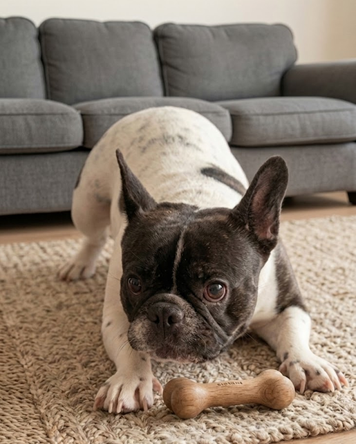 French bull dog Bela trying to hide a toy