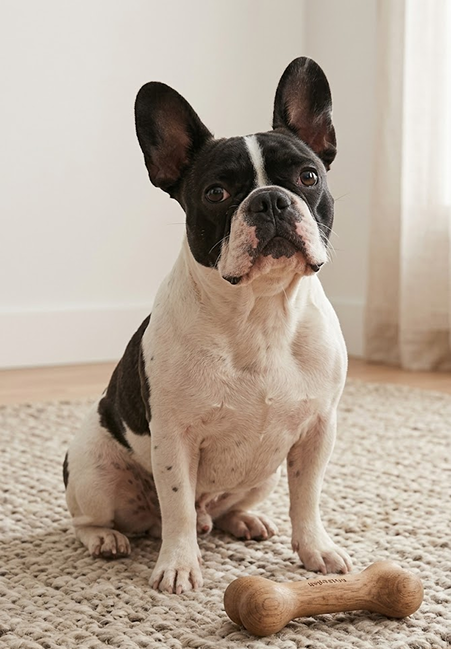 Black and white French bull dog sitting on a carpeted floor with a wooden bone toy.