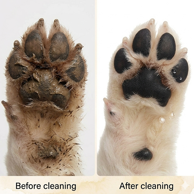 Comparison of a dog's paw before and after cleaning with a paw cleaner on a white background.