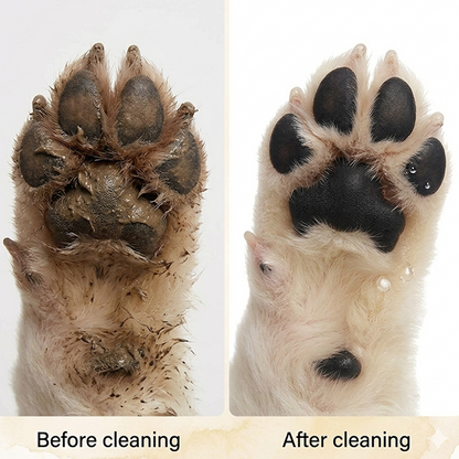 Comparison of a dog's paw before and after cleaning with a paw cleaner on a white background.