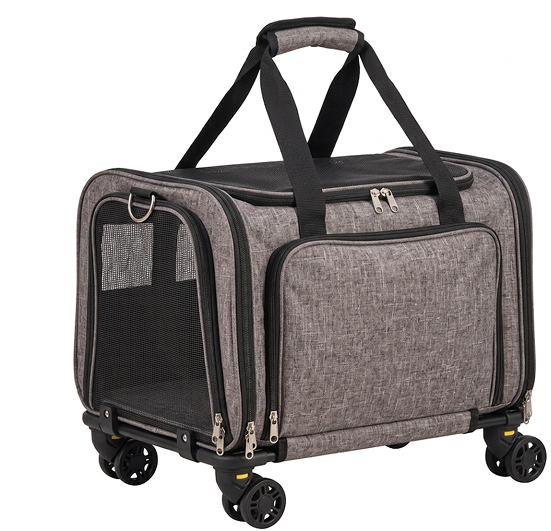 Gray pet carrier with wheels and a handle on a white background