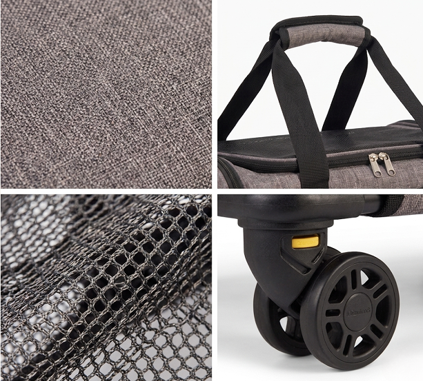 Collage of a gray textured bag, handle, mesh side panel, and wheel on a white background.