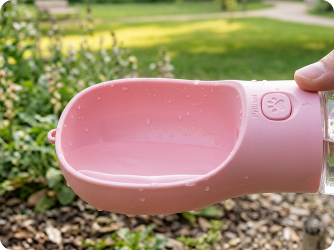Pink pet water bottle held by a hand with a garden background